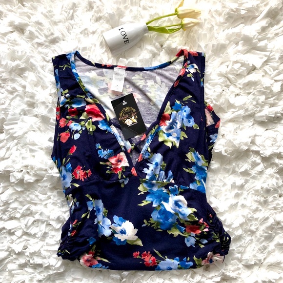 October Love Blue Floral Sleevesless ruched Dress - Picture 6 of 6